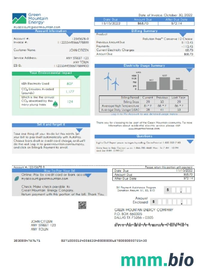 USA Green Mountain Energy rachunek za media szablon w formacie Word i PDF